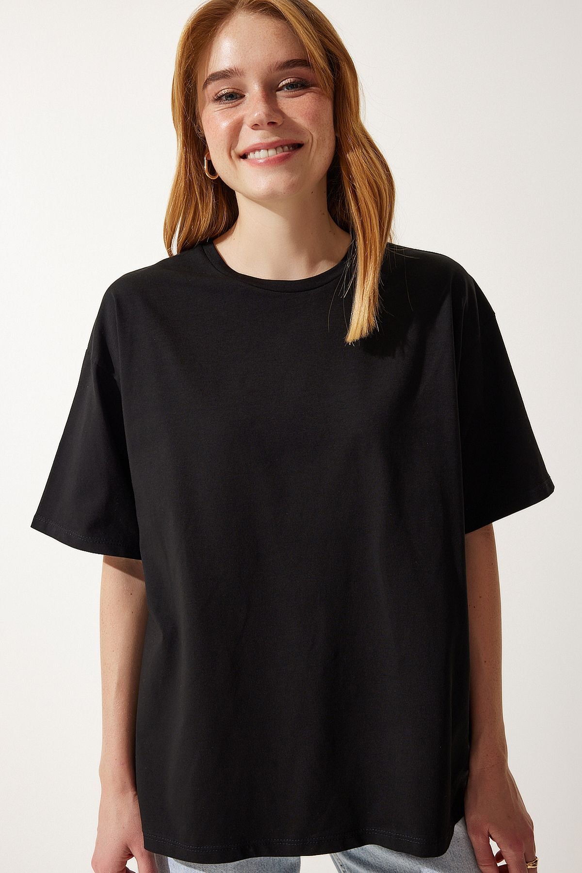 Siyah Basic Oversize Örme T-Shirt HW00007