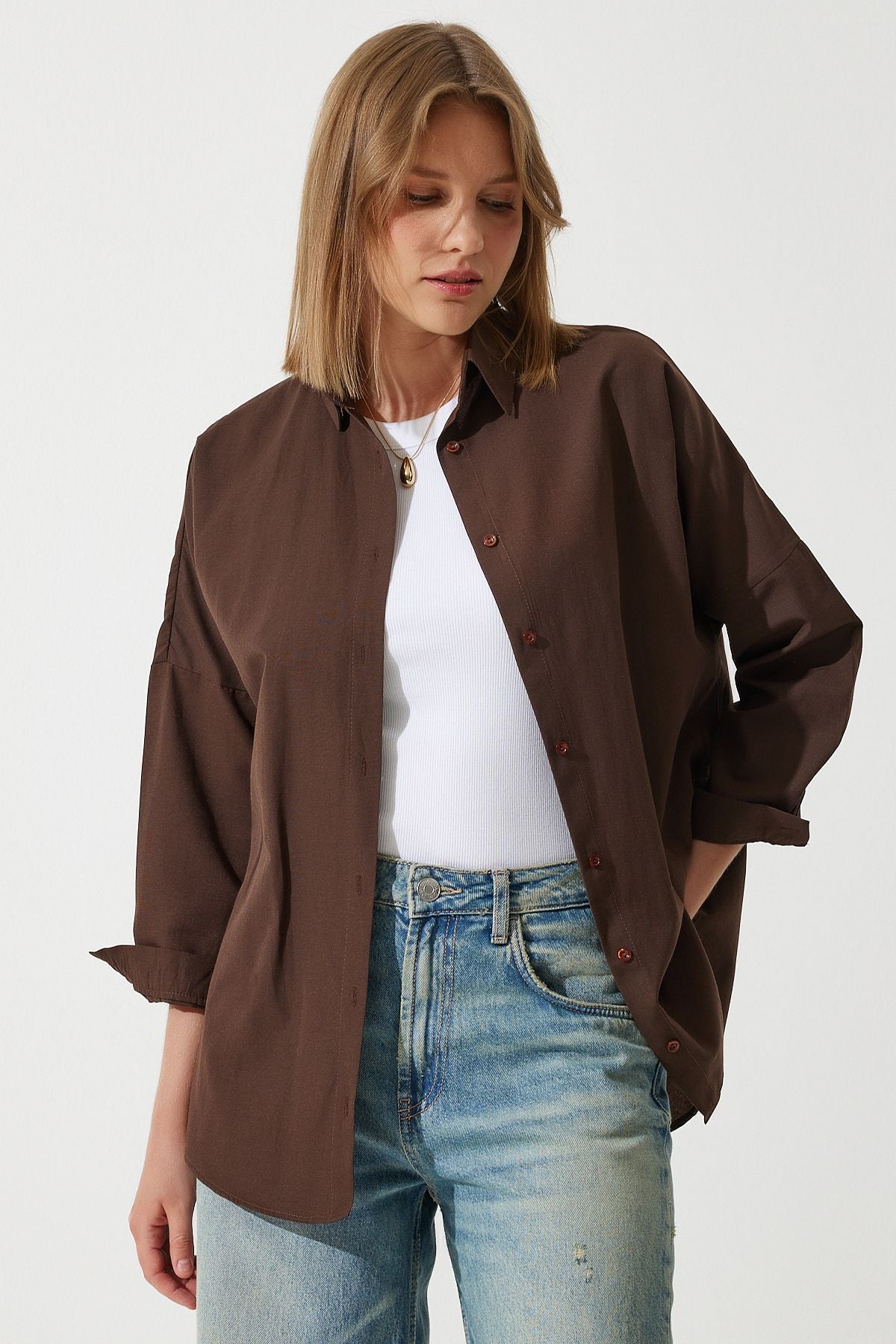 Acı Kahve Oversize Uzun Basic Gömlek  DD00842