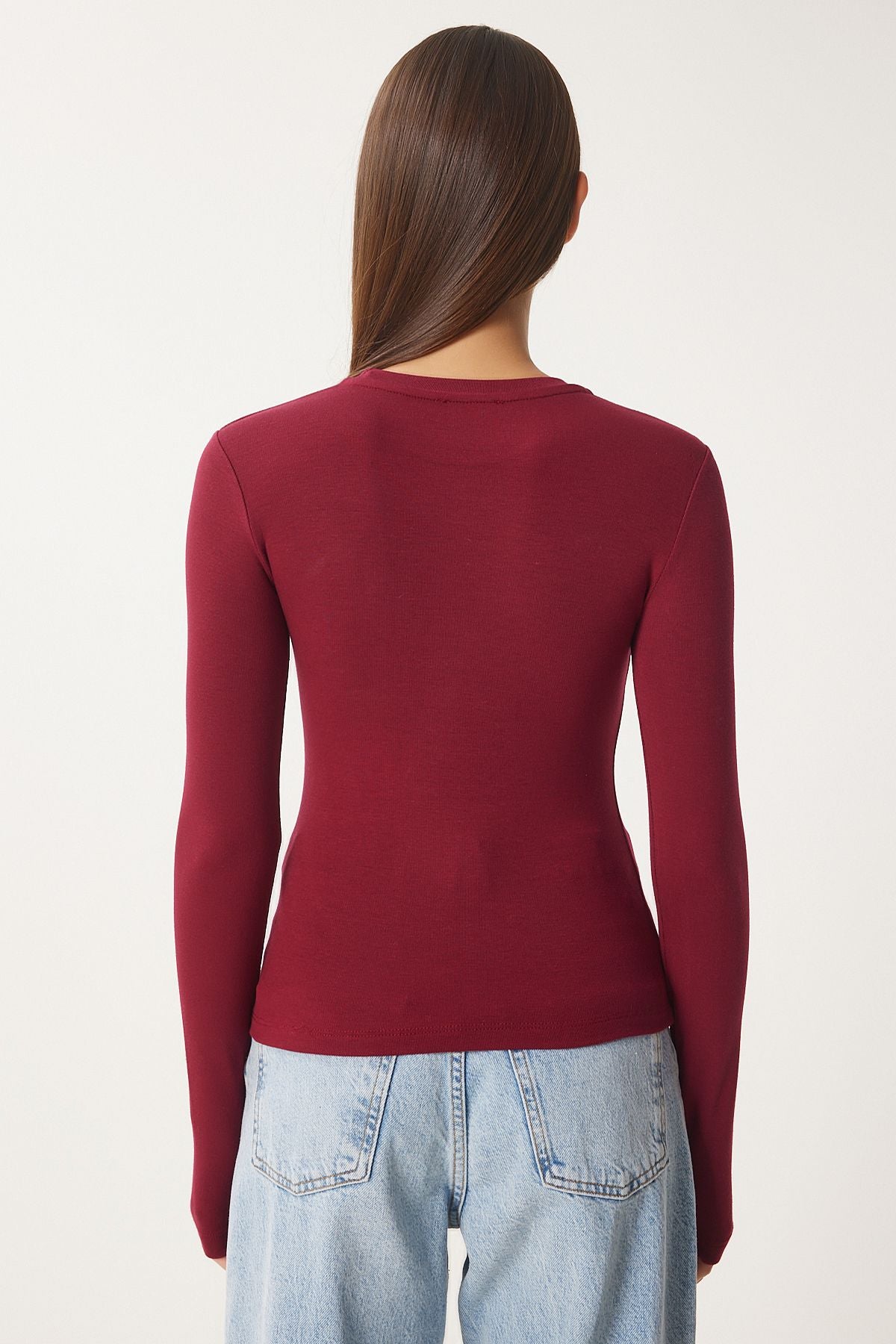 Bordo Bisiklet Yaka Basic Örme Bluz CR00439