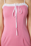 Koyu Pembe Kareli Mini Esnek Örme Elbise TP00090