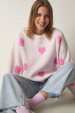 Açık Pembe Kalp Dokulu Oversize Triko Kazak KB00037