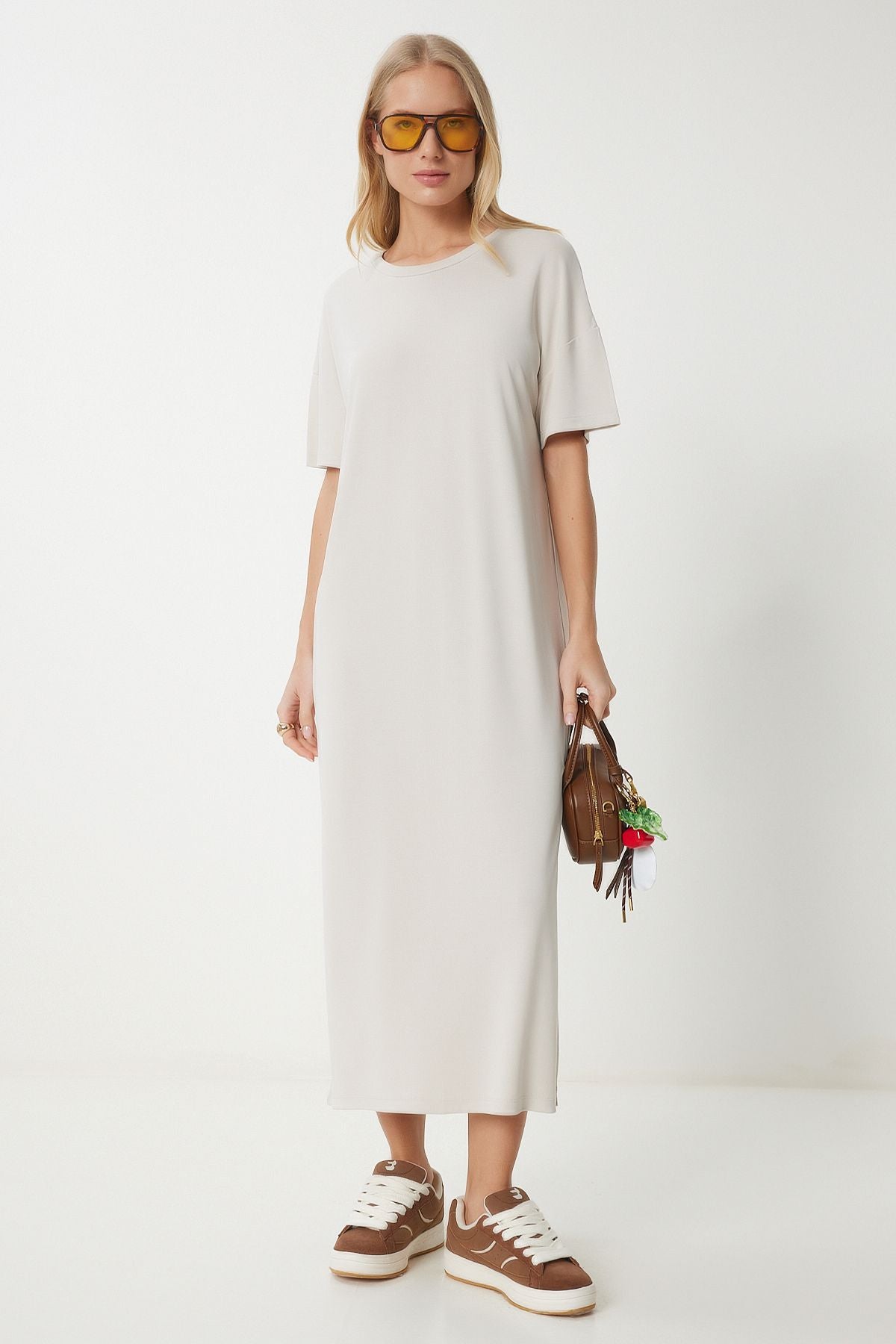 Krem Oversize Basic Yazlık Örme Elbise UB00299