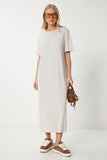Krem Oversize Basic Yazlık Örme Elbise UB00299