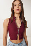 Bordo Fermuarlı Fitilli Crop Bluz KH00100