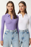 Lila Beyaz 2'li Polo Yaka Fitilli Örme Bluz GT00232