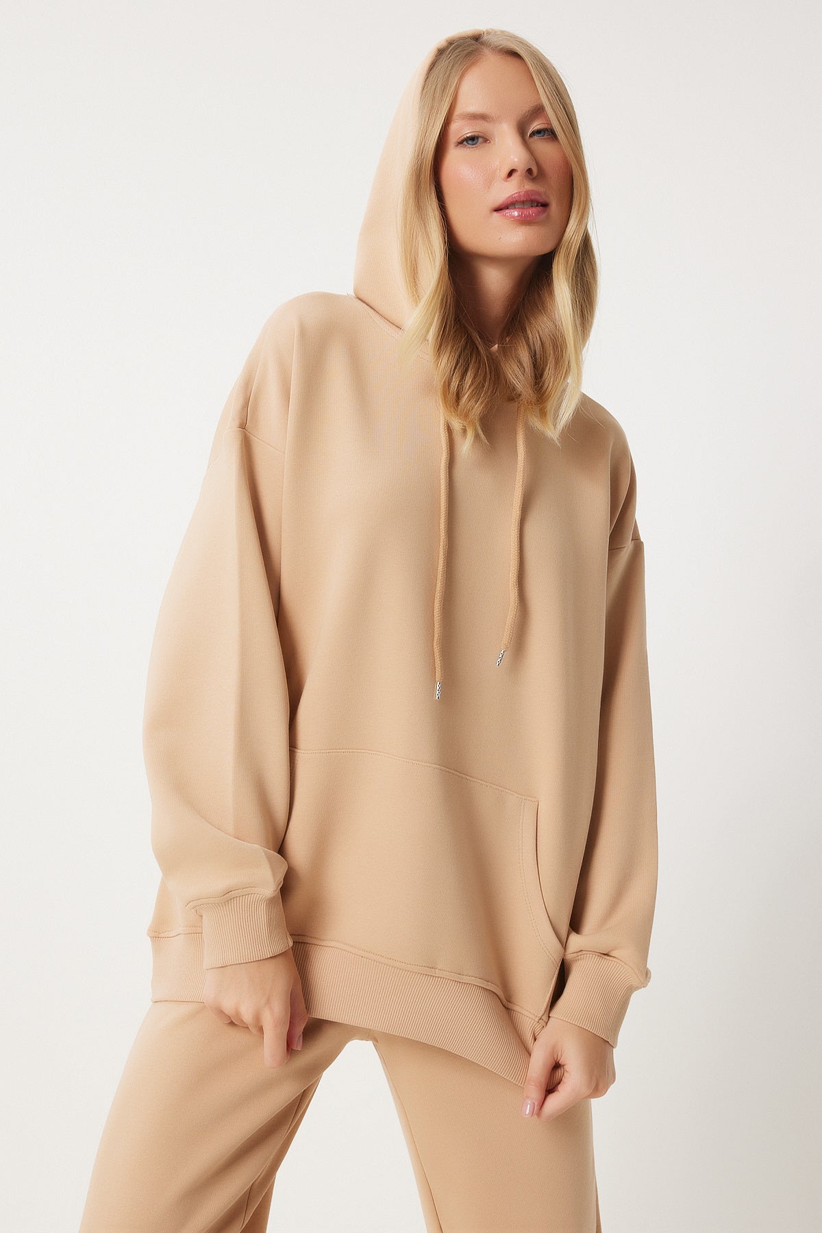 Bisküvi Kapüşonlu Sweatshirt Jogger Oversize Örme Eşofman Takımı PYS0027