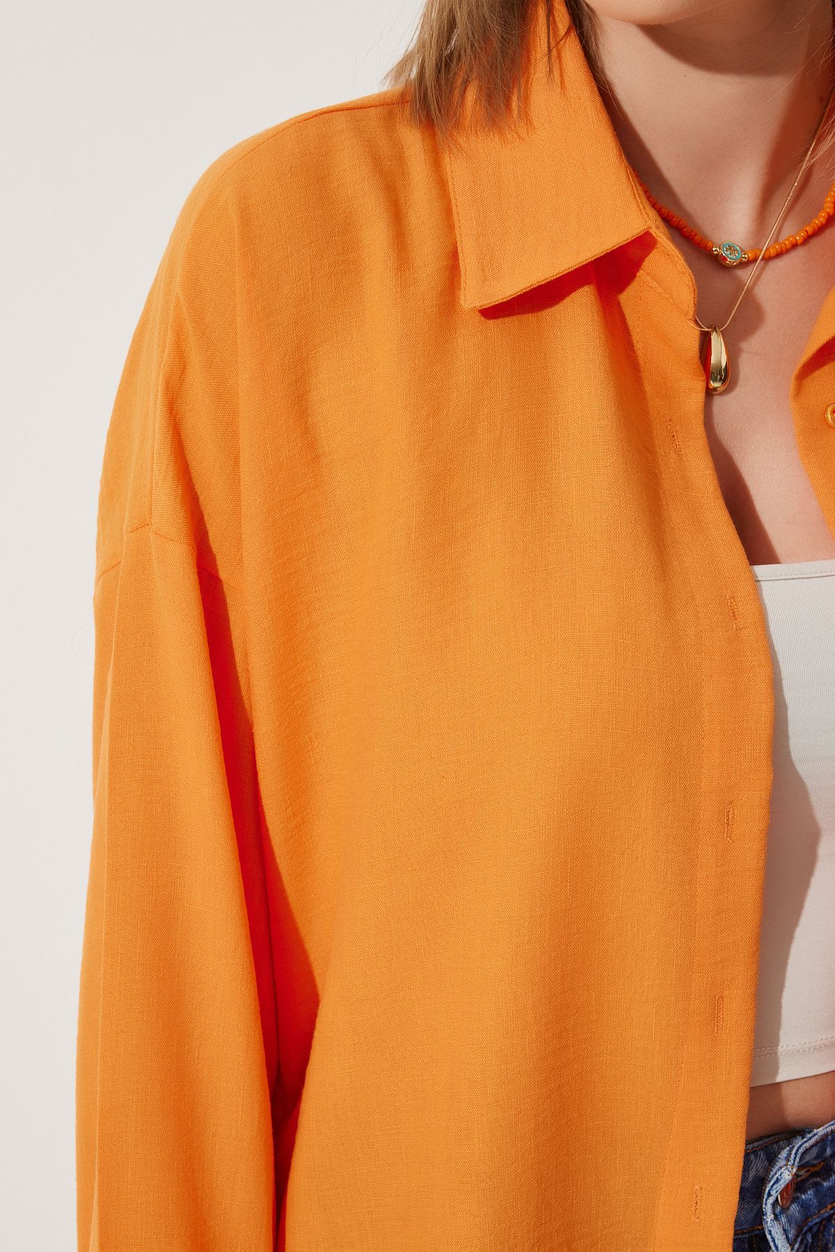Oranj Oversize Keten Ayrobin Gömlek DD01222