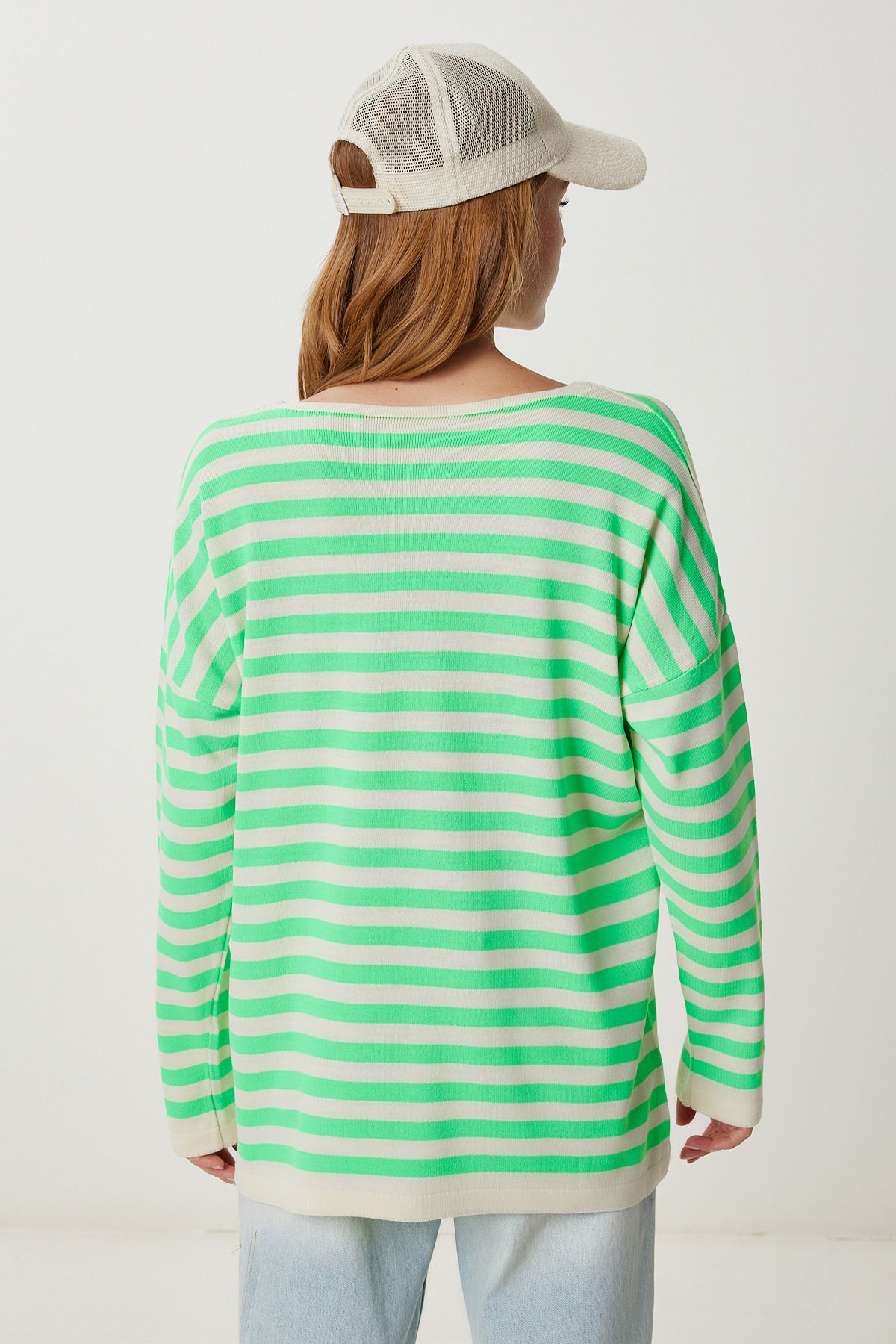 Yeşil Krem Çizgili Oversize Triko Kazak Kİ00162