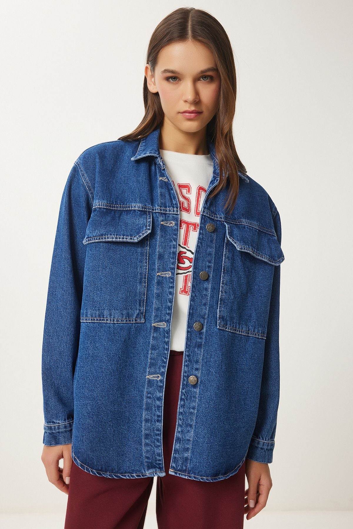 Koyu Mavi Geniş Cepli Oversize Denim Ceket AN00223
