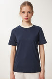 Lacivert Kontrast Renkli Pamuklu Örme T-Shirt CR00472