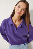 Mor Polo Yaka Şardonlu Crop Örme Sweatshirt HW00014