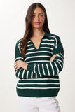 Koyu Yeşil Polo Yaka Crop Triko Kazak  US00293