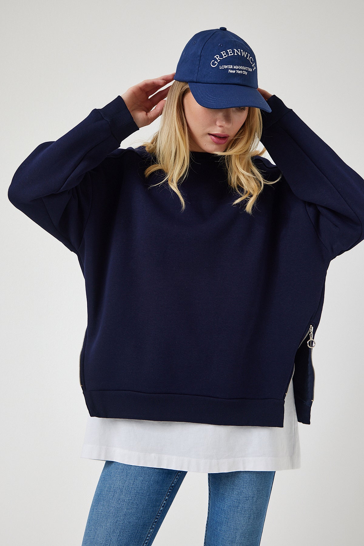 Lacivert Fermuar Detaylı Şardonlu Örme Sweatshirt UB00148