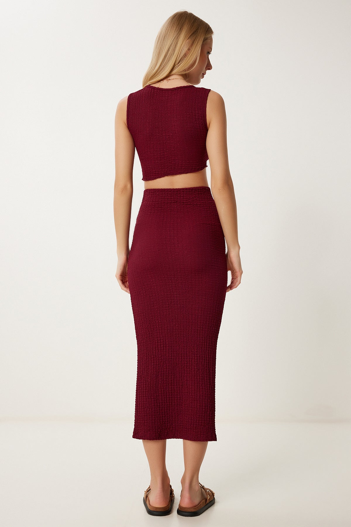 Bordo Dokulu Yazlık Bluz Etek Takım FW00010