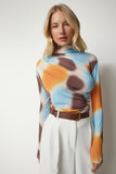 Oranj Mavi Drapeli Dik Yaka Sandy Bluz FF00138