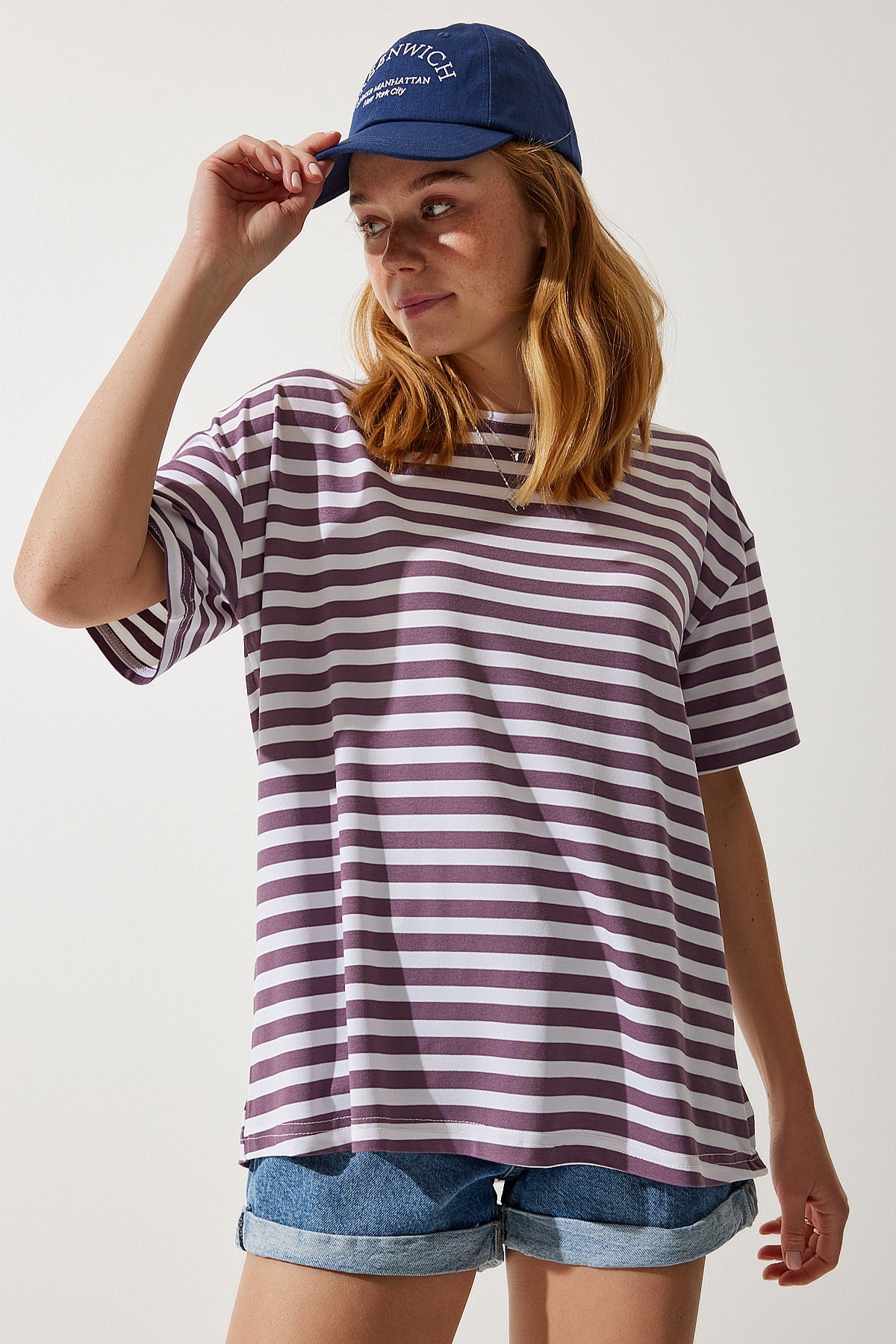 Leylak Bisiklet Yaka Çizgili Oversize Örme T-Shirt EN00609