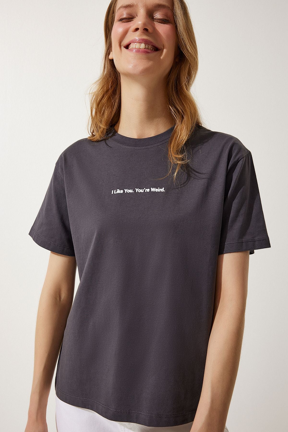 Antrasit Baskılı Basic Örme T-Shirt NJ00141