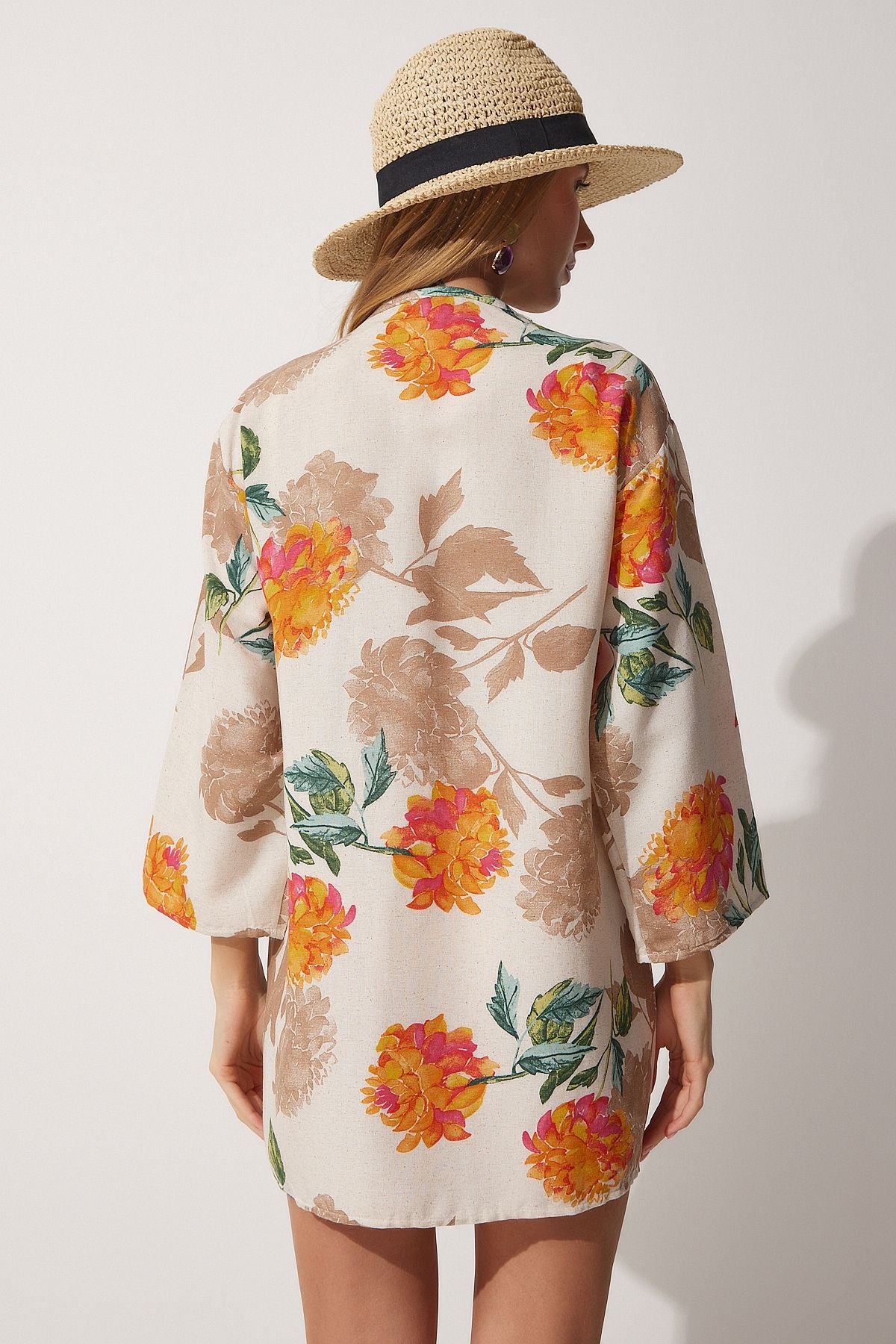 Bej Oranj Desenli Keten Viskon Kimono BH00381