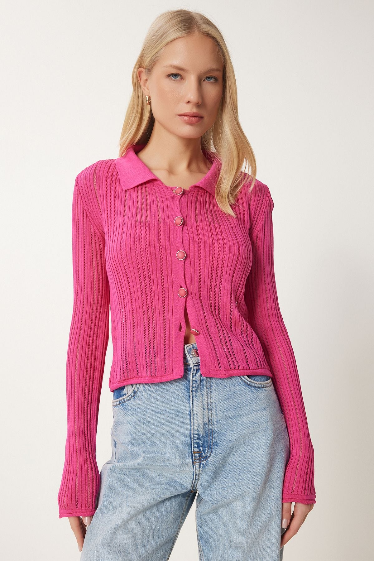 Pembe Hafif Transparan Polo Yaka Yazlık Triko Hırka MT00151