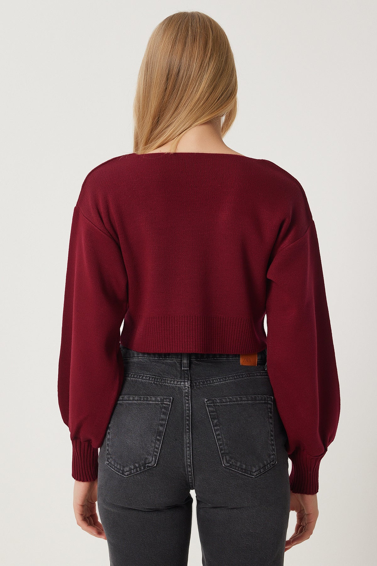 Bordo Taşlı Fiyonk Bağlamalı Crop Triko Hırka Kİ00110
