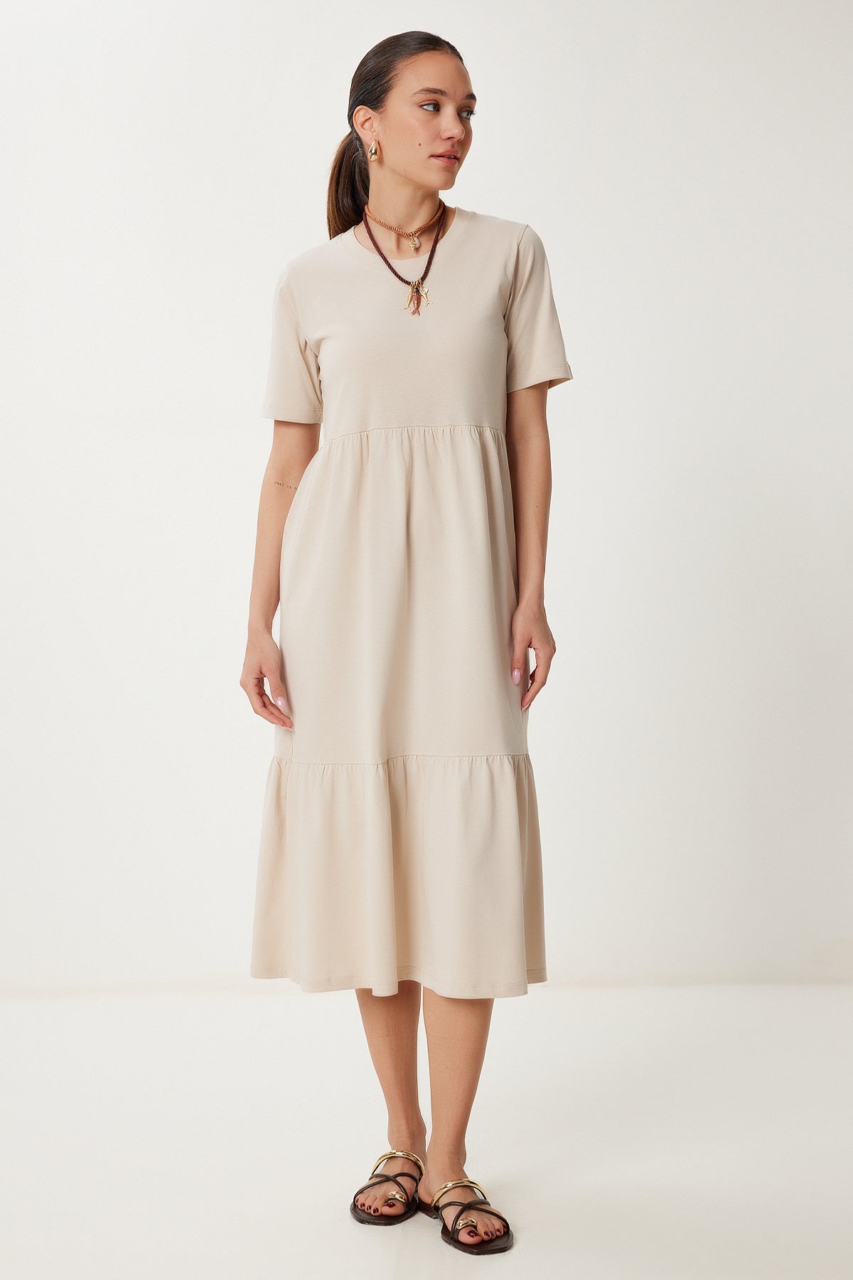 Krem Oversize Volanlı Yazlık Örme Elbise CR00475