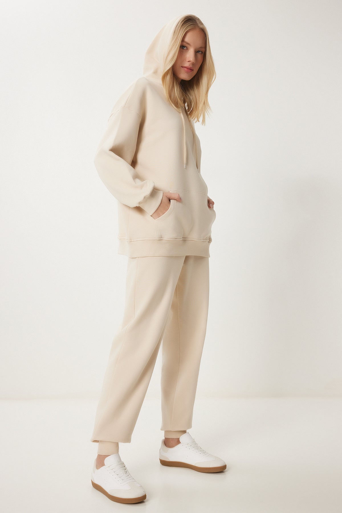 Krem Kapüşonlu Sweatshirt Jogger Oversize Örme Eşofman Takımı PYS0027