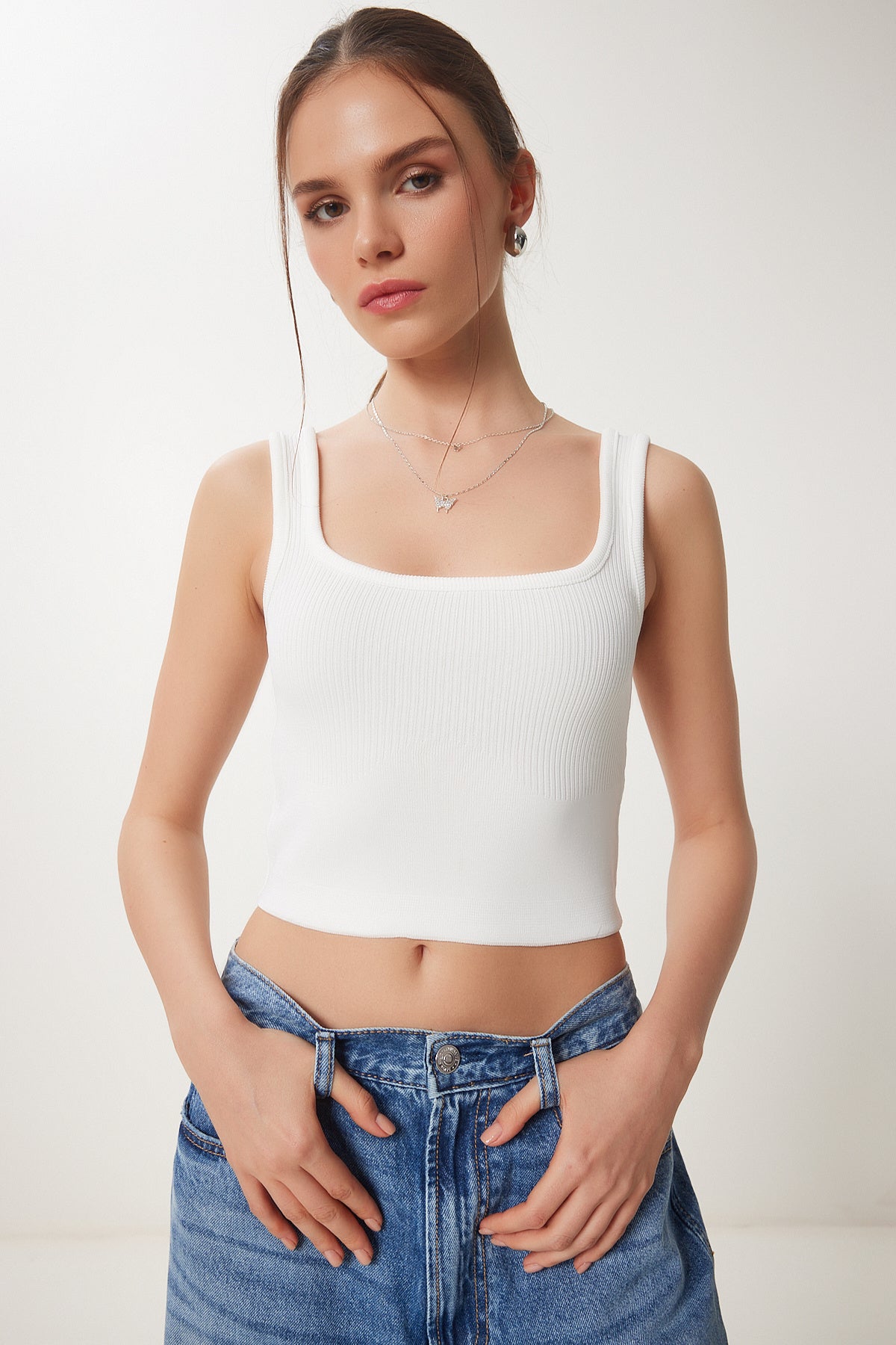 Siyah Beyaz 2'li Paket Fitilli Crop Triko Bluz GA00006