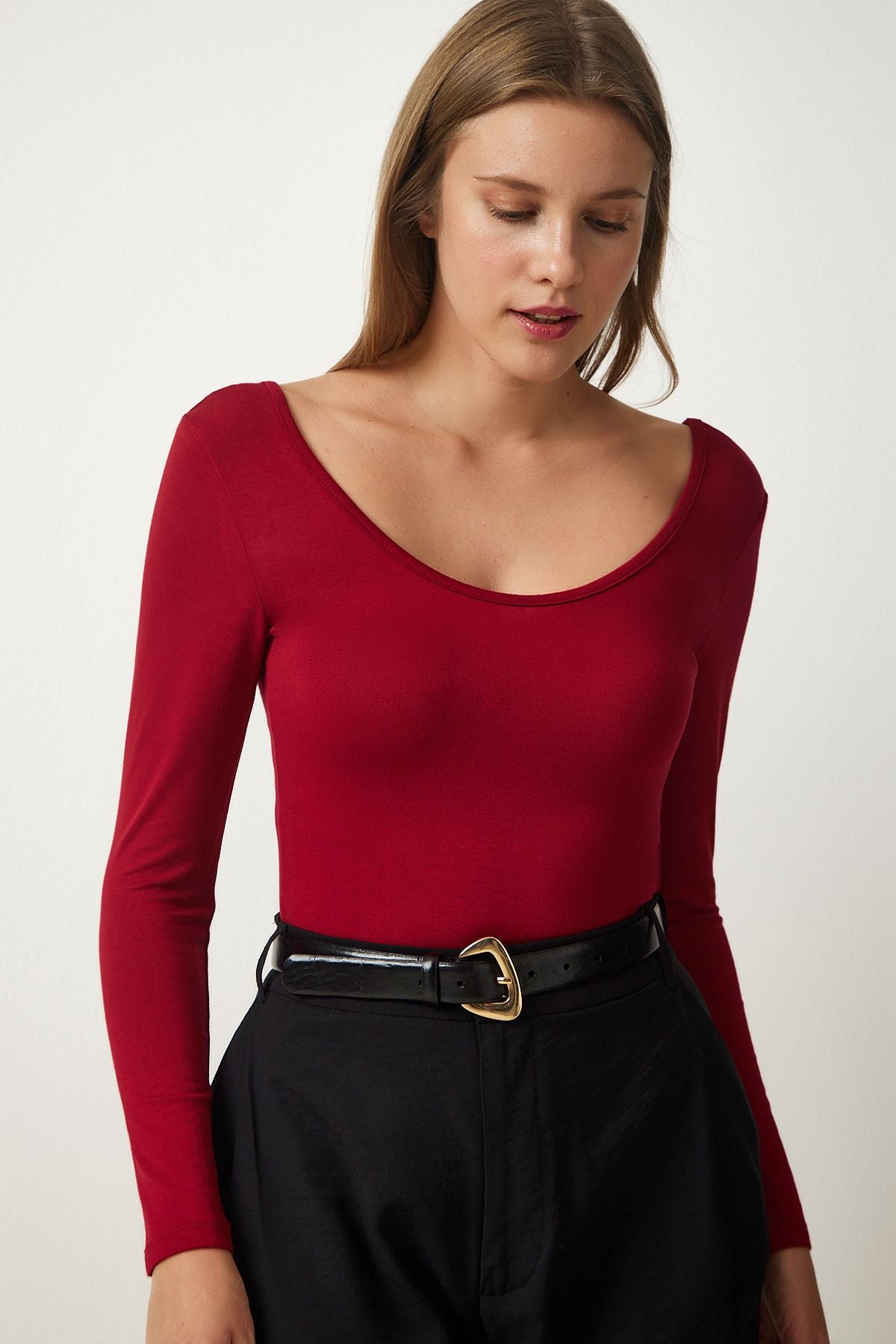 Bordo Geniş U Yaka Viskon Örme Bluz RX00043