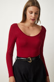 Bordo Geniş U Yaka Viskon Örme Bluz RX00043