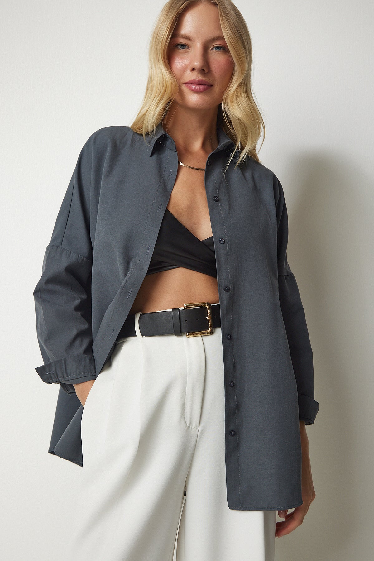 Füme Oversize Uzun Basic Gömlek  DD00842