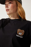 Siyah Ayıcık Armalı Crop Örme T-Shirt HF00456