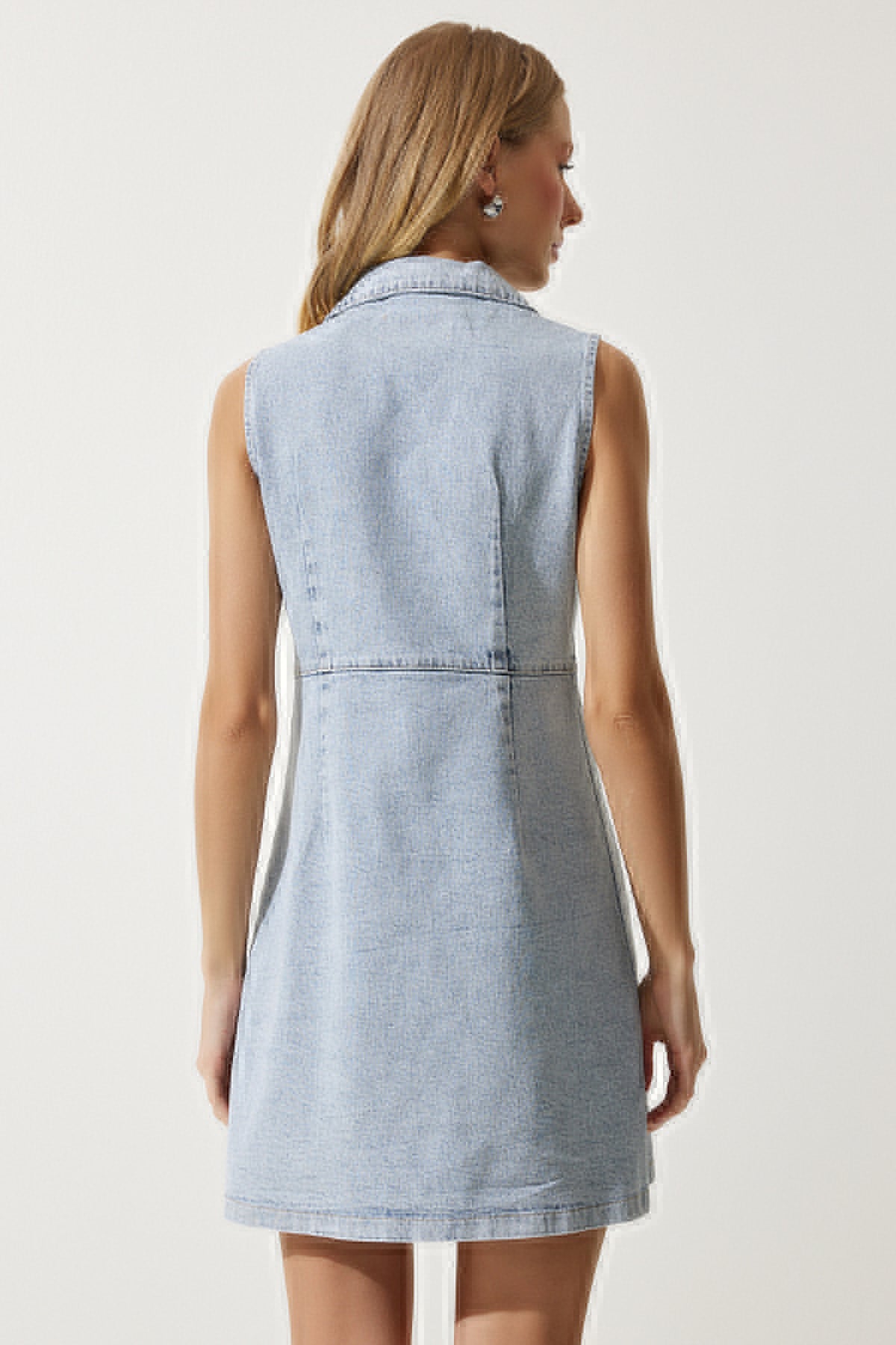 Buz Mavi Kolsuz Mini Denim Elbise AN00185
