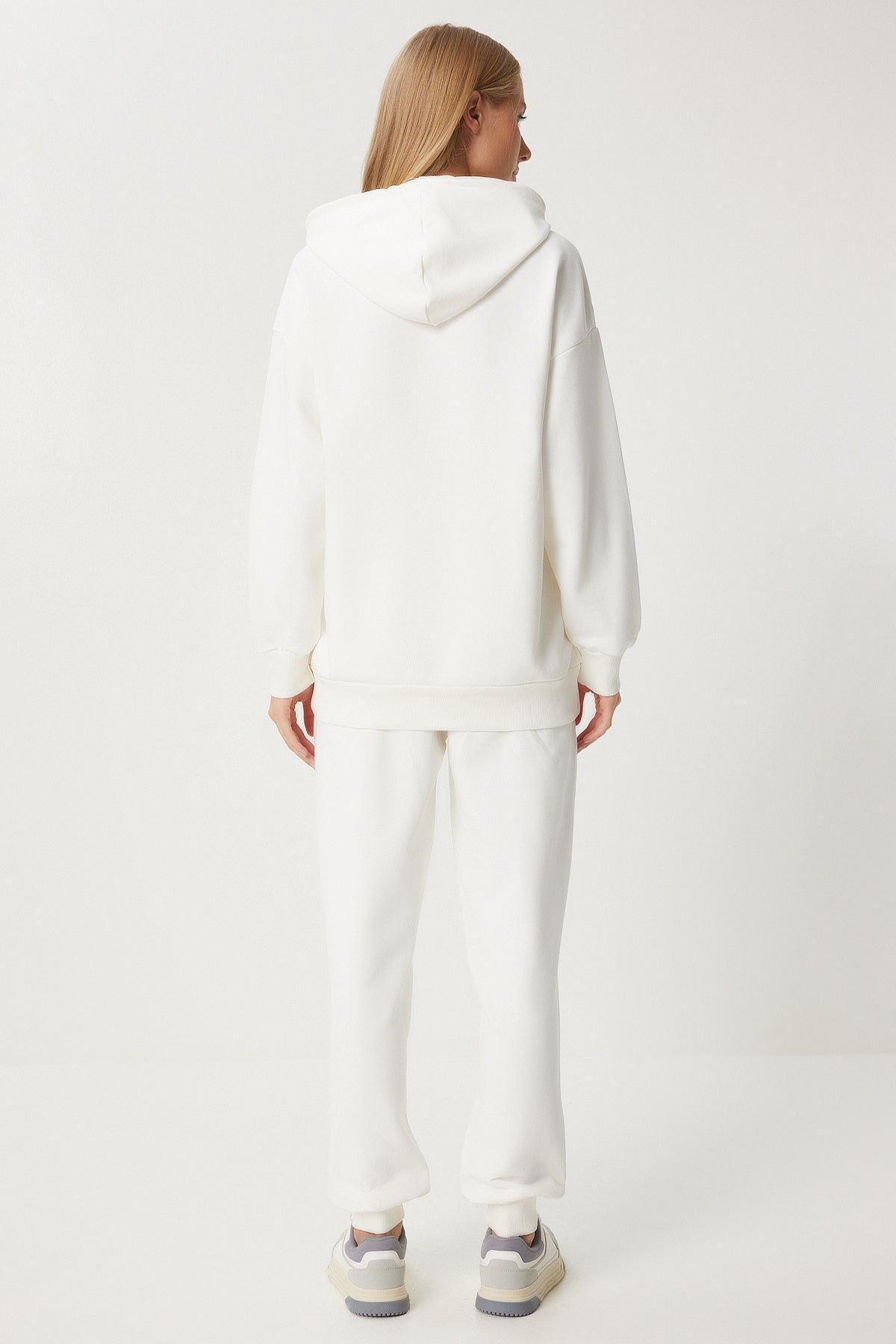 Ekru Kapüşonlu Sweatshirt Jogger Oversize Örme Eşofman Takımı PYS0027