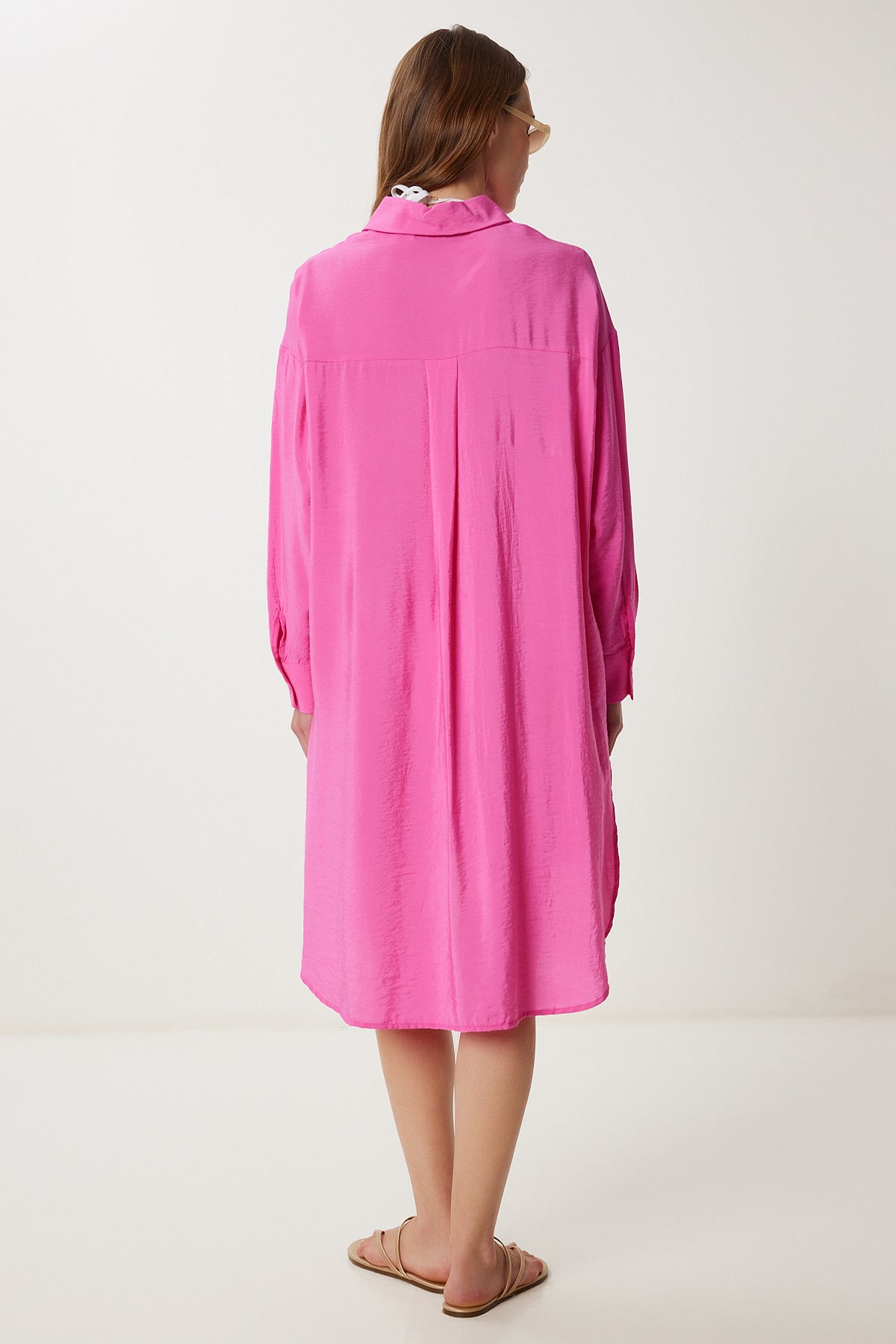 Koyu Pembe Oversize Midi Ayrobin Gömlek Elbise WF00106
