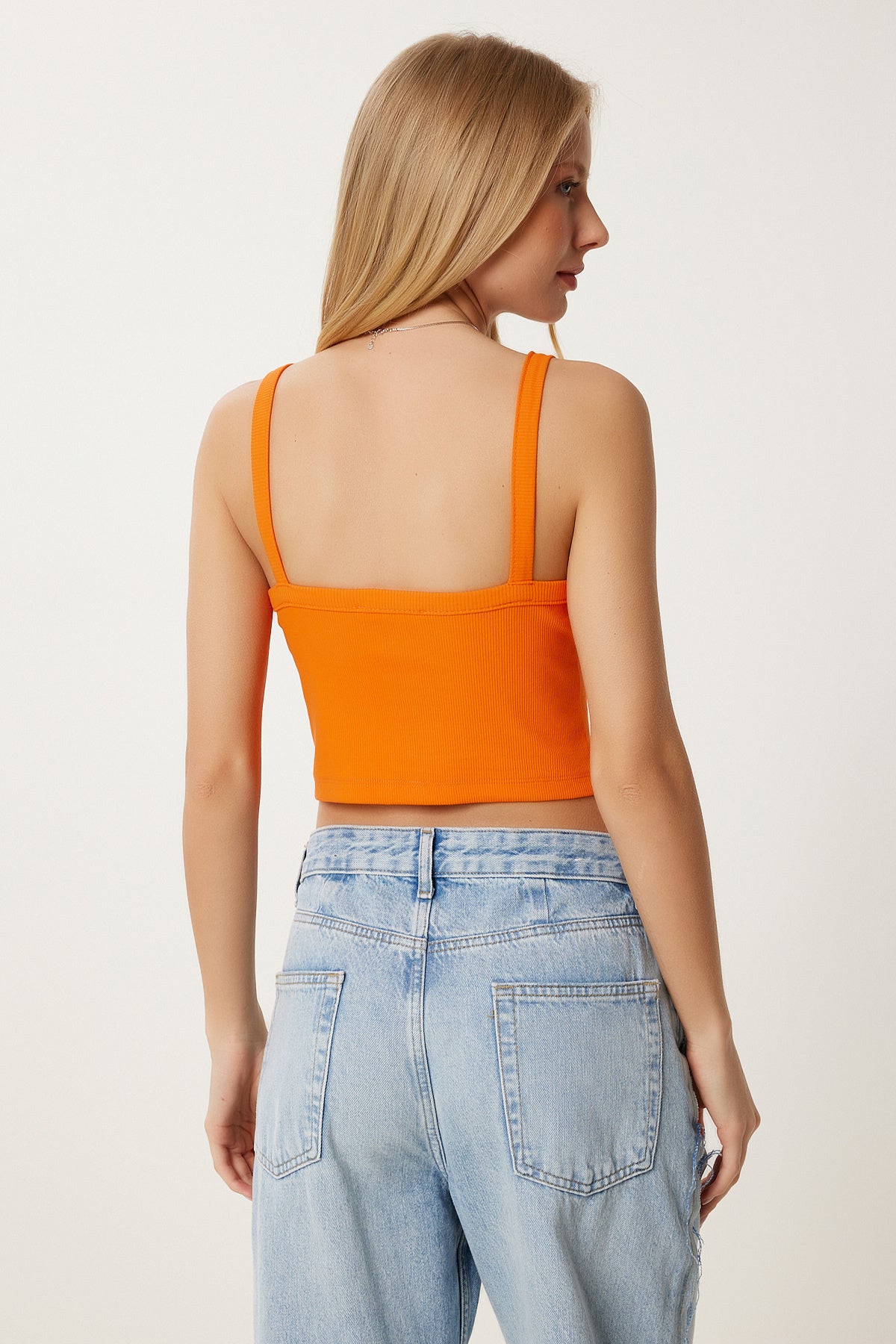 Yeşil Oranj Fermuarlı Fitilli Esnek 2’Li Takım Crop Örme Bluz MX00190