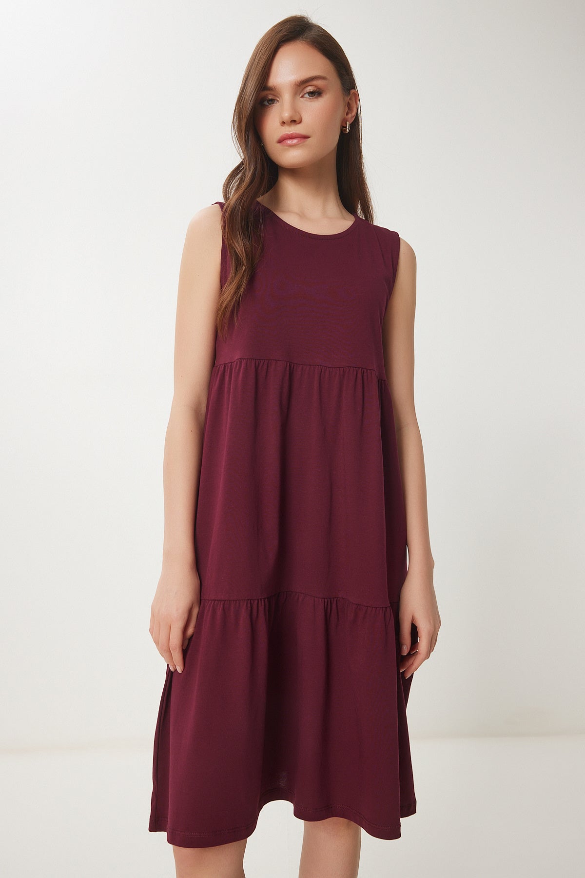 Bordo Kolsuz Basic Yazlık Örme Elbise CR00479