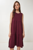 Bordo Kolsuz Basic Yazlık Örme Elbise CR00479