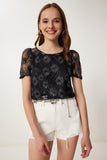 Siyah Pul İşlemeli Transparan Crop Bluz TP00065
