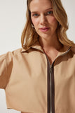 Kum Fermuarlı Poplin Crop Gömlek WF00067