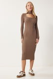 Vizon Cut Out Detaylı Dik Yaka Fitilli Triko Elbise FN03388