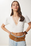 Beyaz Balon Kollu Crop Örme Bluz ZV00278