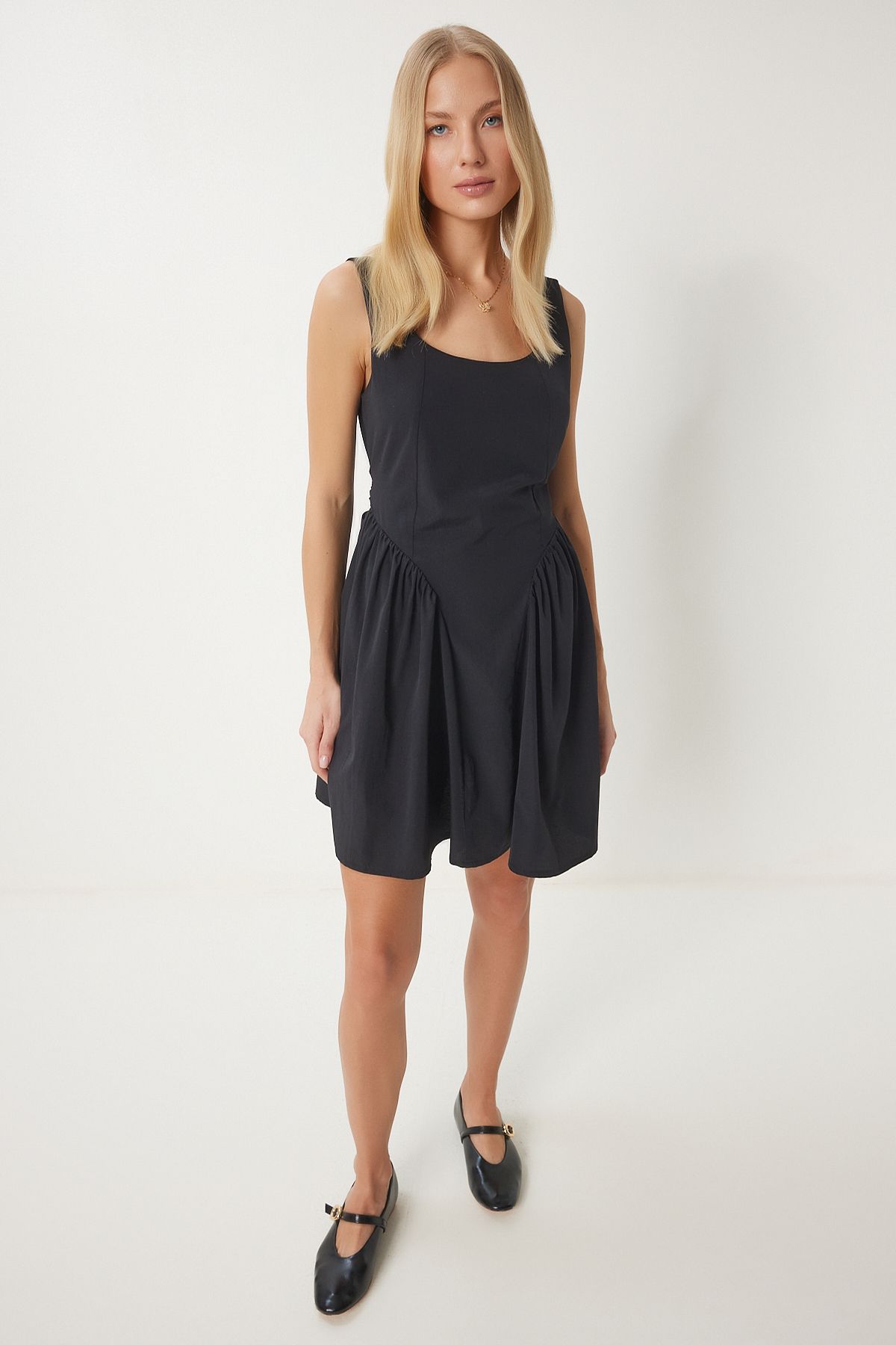 Siyah Fiyonklu Mini Poplin Elbise UB00355