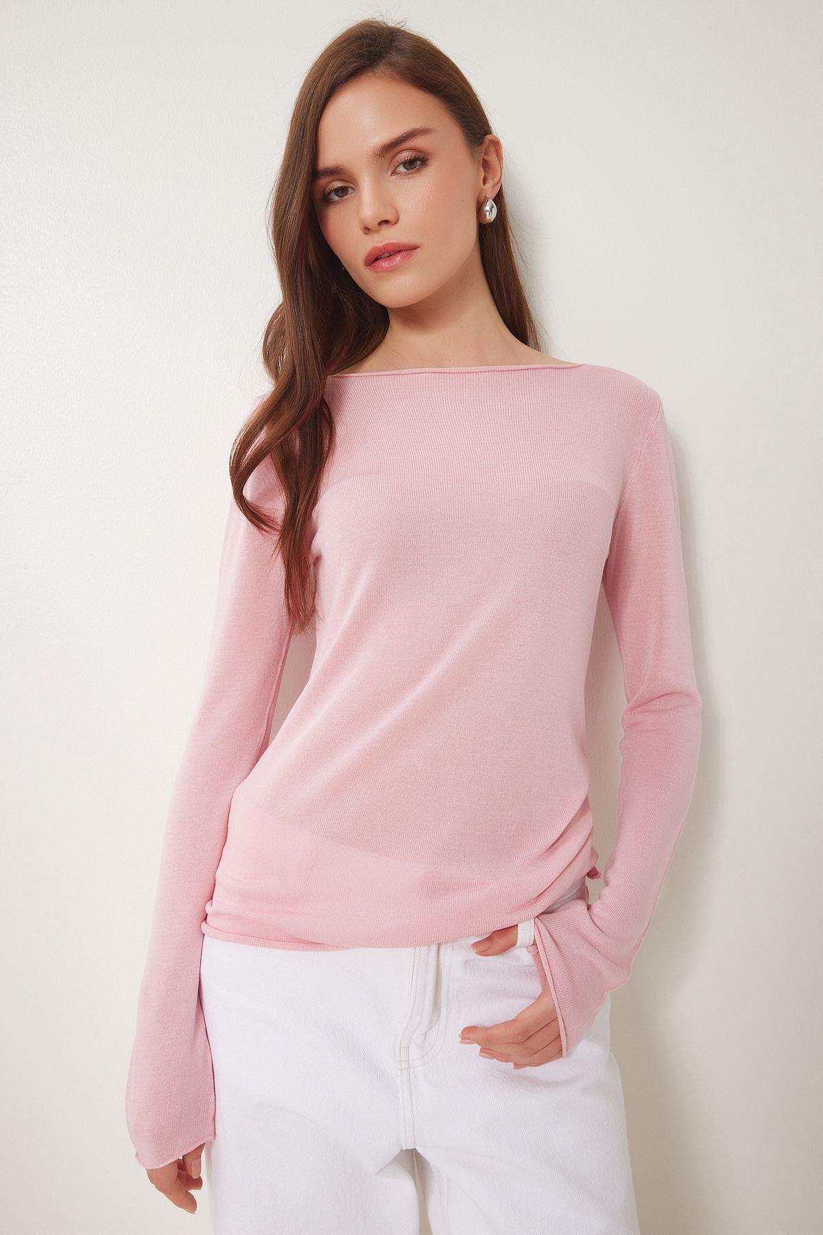 Pembe Kayık Yaka Mevsimlik Triko Bluz YY00231