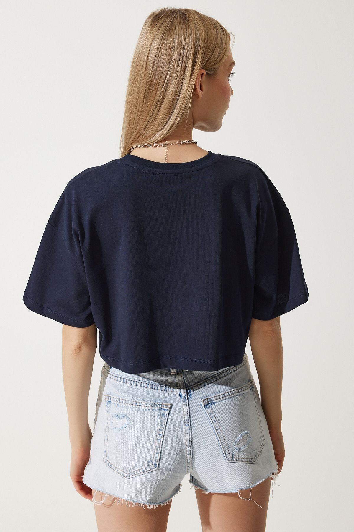 Lacivert %100 Pamuk Oversize Crop Örme T-Shirt BP00164