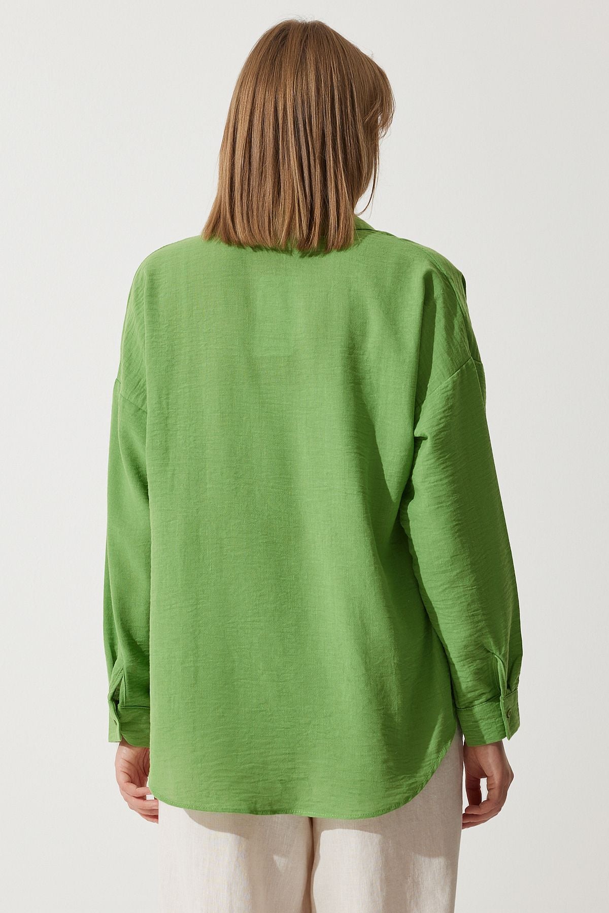 Koyu Çağla Yeşili Oversize Keten Ayrobin Gömlek DD01222