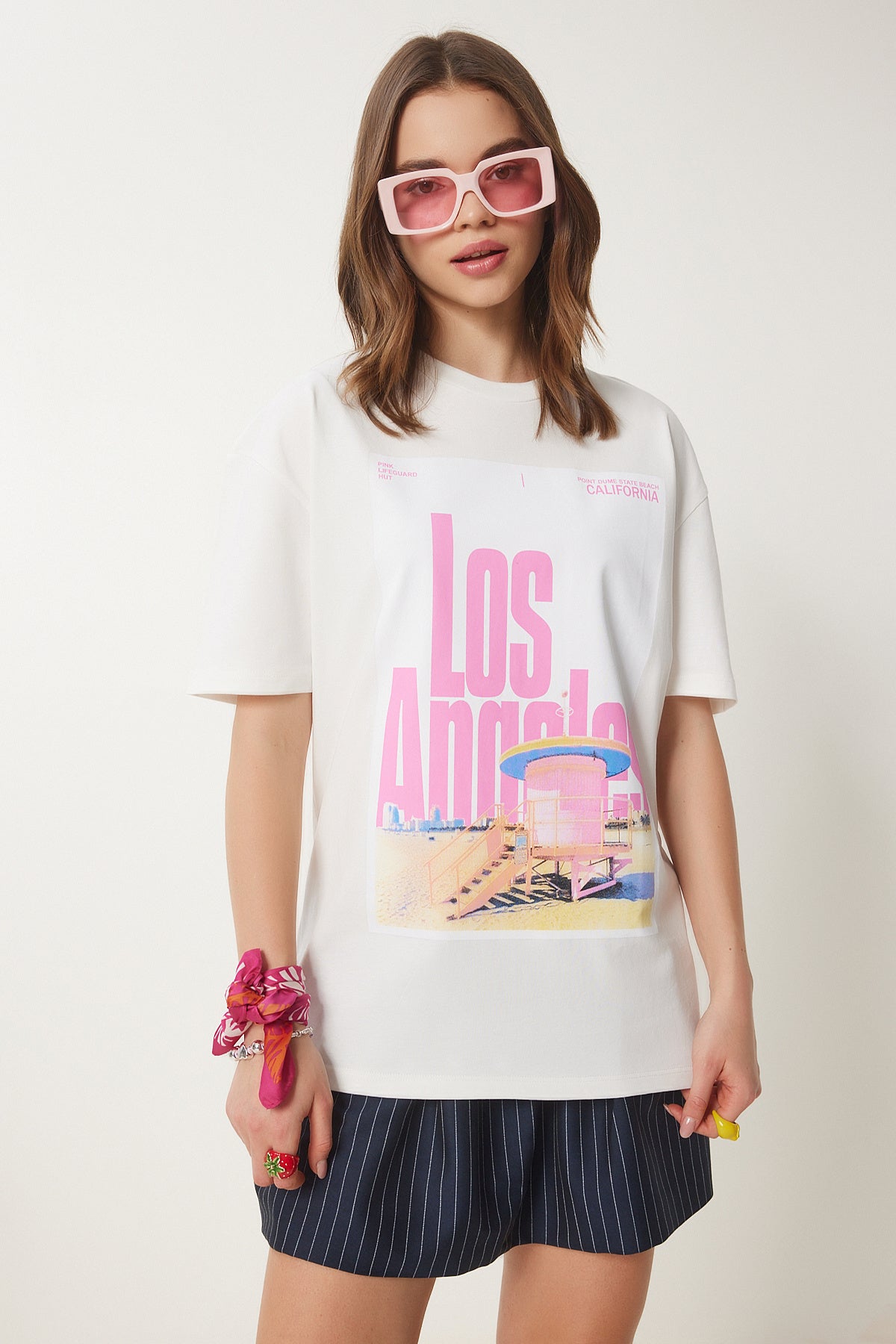 Ekru Baskılı Pamuklu Oversize Örme T-Shirt CR00446