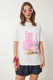 Ekru Baskılı Pamuklu Oversize Örme T-Shirt CR00446