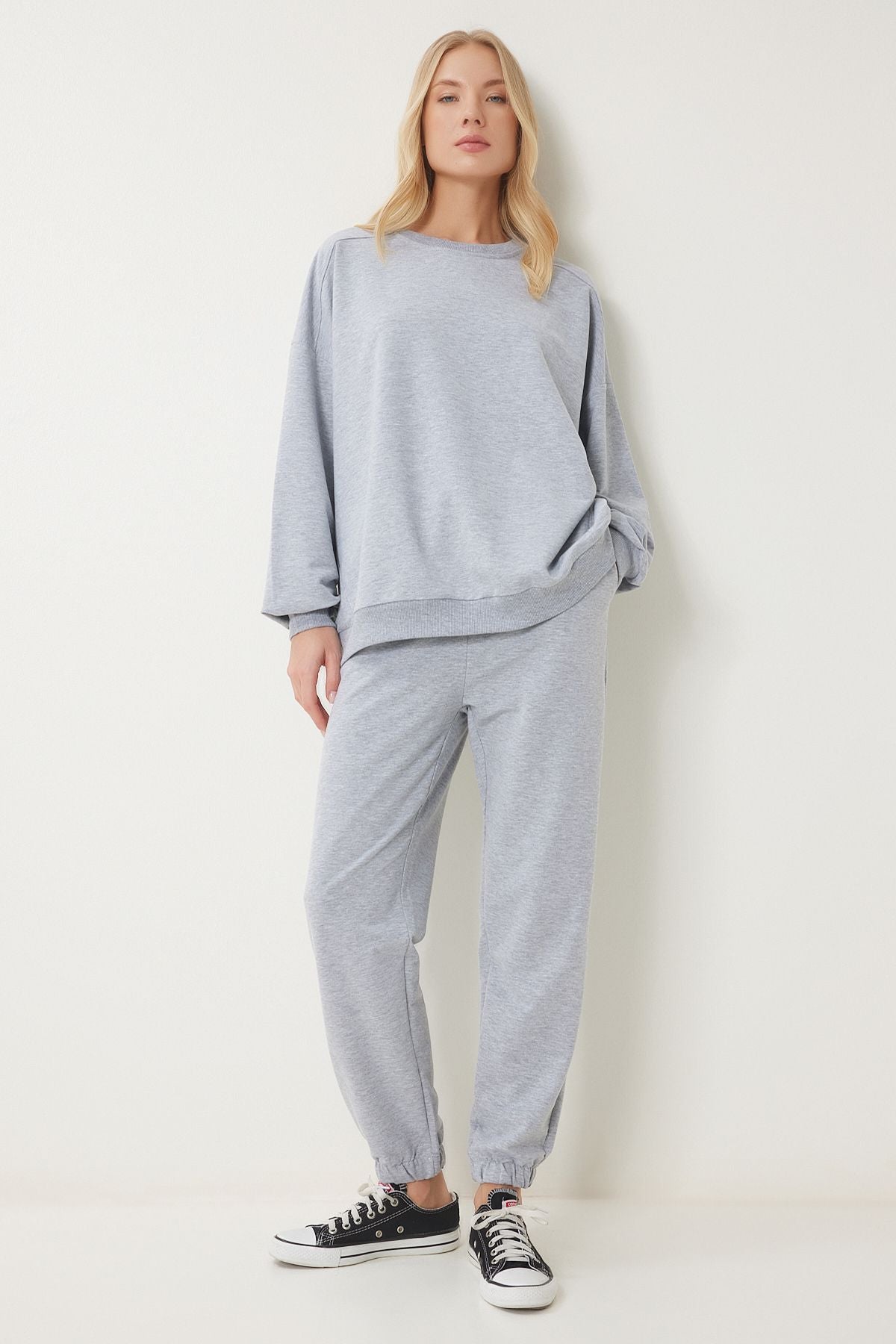 Gri Melanj Bisiklet Yaka Oversize Örme Eşofman Takımı FN03456