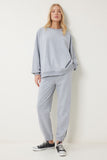Gri Melanj Bisiklet Yaka Oversize Örme Eşofman Takımı FN03456