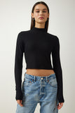 Siyah Balıkçı Yaka Fitilli Crop Örme Bluz AH00153